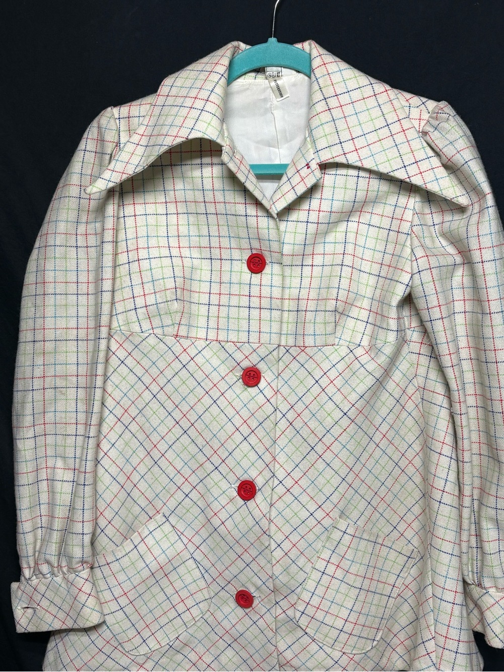 Vtg 70s W Germany plaid blazer jacket baby doll empire waist wide collar mod Sm